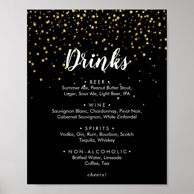 Gold Confetti | Black Wedding Drinks Menu Sign (Front)