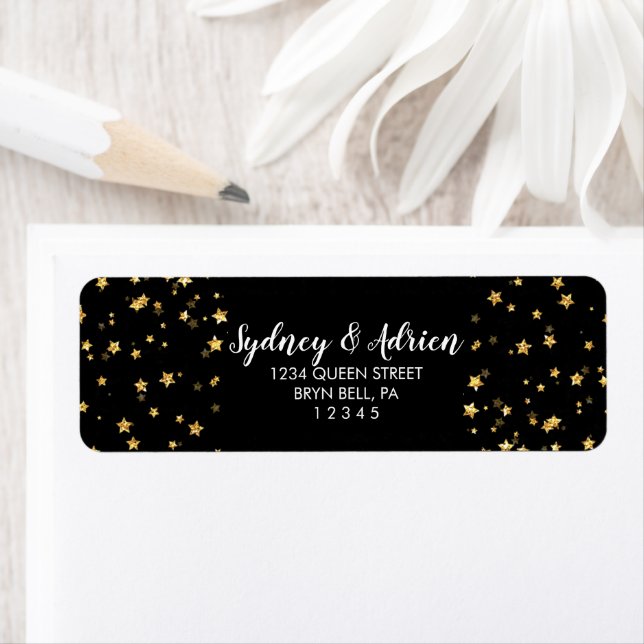Gold Confetti|Black Wedding Invite Return Address Label (Insitu)