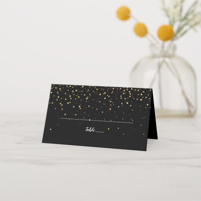 Gold Confetti | Black Wedding Place Card (Front)