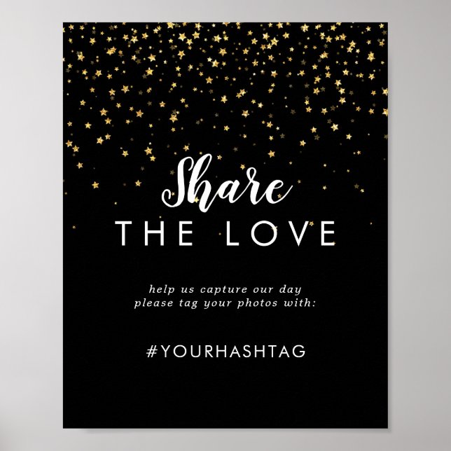 Gold Confetti | Black Wedding Share the Love Sign (Front)