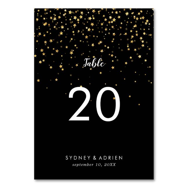 Gold Confetti | Black Wedding Table Numbers (Front)
