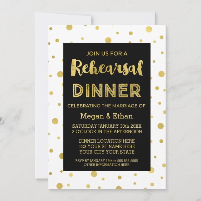 Gold Confetti Black White Rehearsal Dinner Party Invitation (Back)