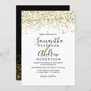 Gold confetti black white typography wedding invitation