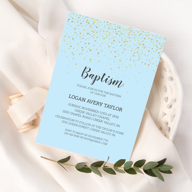 Gold Confetti Blue Baby Boy Baptism Invitation (Creator Uploaded)