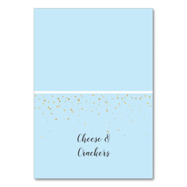 Gold Confetti Blue Baby Shower Buffet Food Labels Table Number (Front)