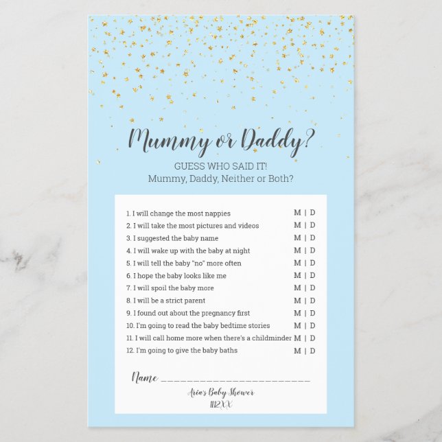 Gold Confetti Blue Baby Shower Mummy or Daddy Game Flyer (Front)