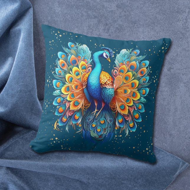 Gold Confetti Blue Fantasy Peacock Cushion (Creator Uploaded)