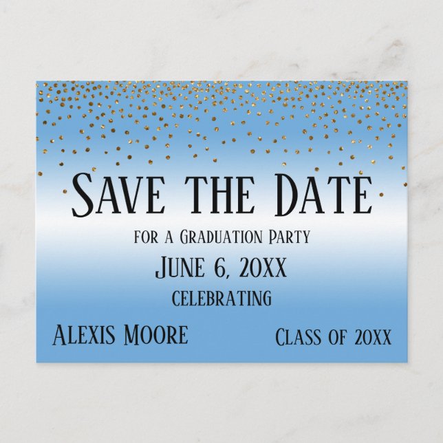 Gold Confetti Blue Graduation Party Save the Date Postcard (Front)