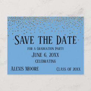 Gold Confetti Blue Graduation Party Save the Date Postcard