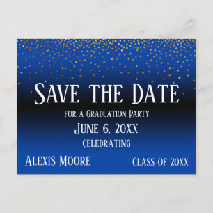 Gold Confetti Blue Ombre Graduation Save the Date Postcard