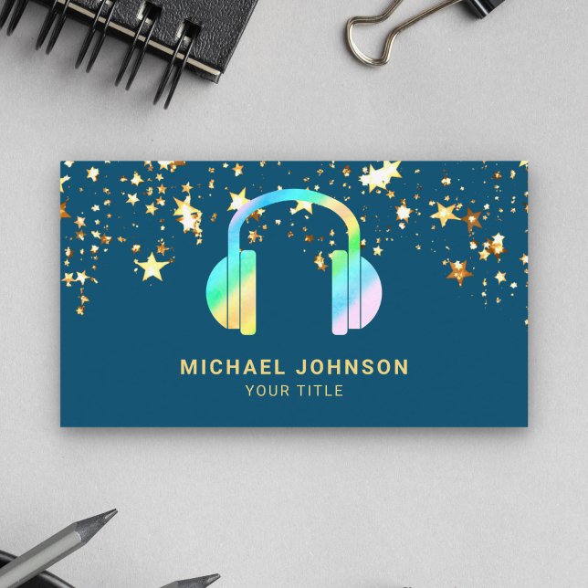 Gold Confetti Blue Rainbow Headphones Music DJ Business Card (Creator Uploaded)