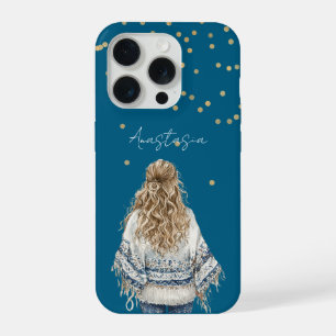 Gold Confetti Blue Sweater Blonde Girl iPhone 15 Pro Case