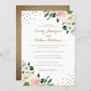 Gold Confetti Blush Floral Wedding Invitation