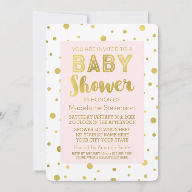 Gold Confetti Blush Pink Baby Shower Invitations (Back)