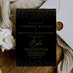 Gold Confetti Boho Black Boda Wedding Invitation