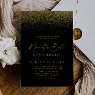 Gold Confetti Boho Black Nuestra Boda Wedding Invitation
