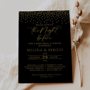 Gold Confetti Boho Black Rehearsal Dinner  Invitation
