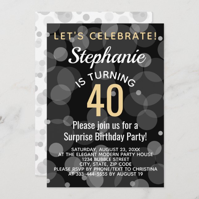 Gold Confetti Bokeh Bubbles 40th Birthday Party Invitation (Front/Back)