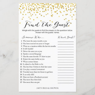 Gold Confetti Bridal Shower Game - Find the Guest