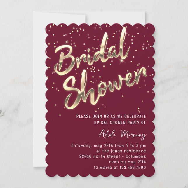 Gold Confetti Bridal Shower Script Marsala Invitation (Front)