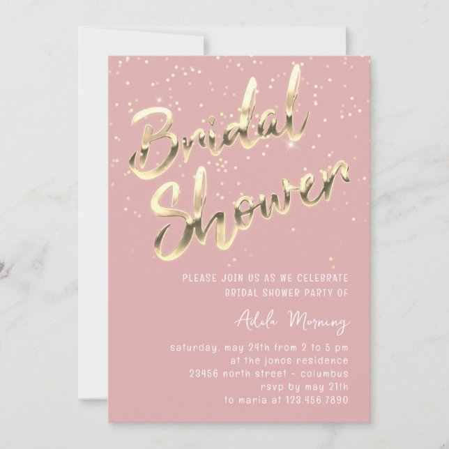 Gold Confetti Bridal Shower Script Pink RosePowder Invitation (Front)