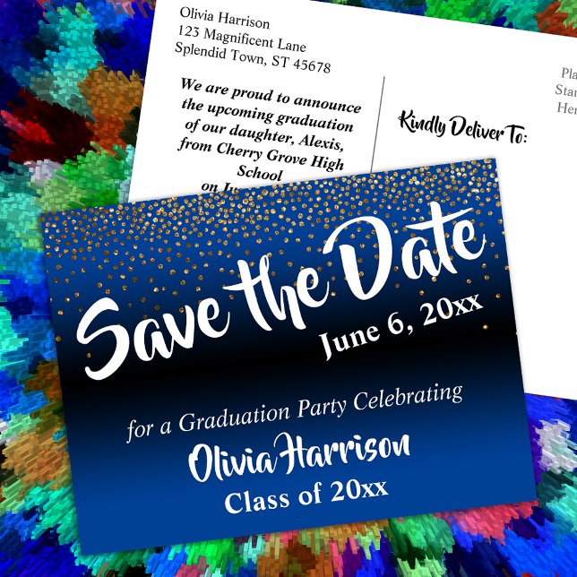 Gold Confetti Bright Blue Graduation Save the Date Postcard (Creator Uploaded)