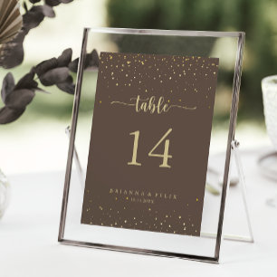 Gold Confetti Brown Calligraphy Wedding Table Number