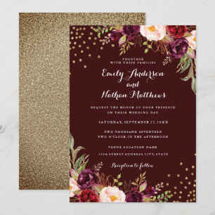 Gold Confetti Burgundy Floral Wedding Invitation