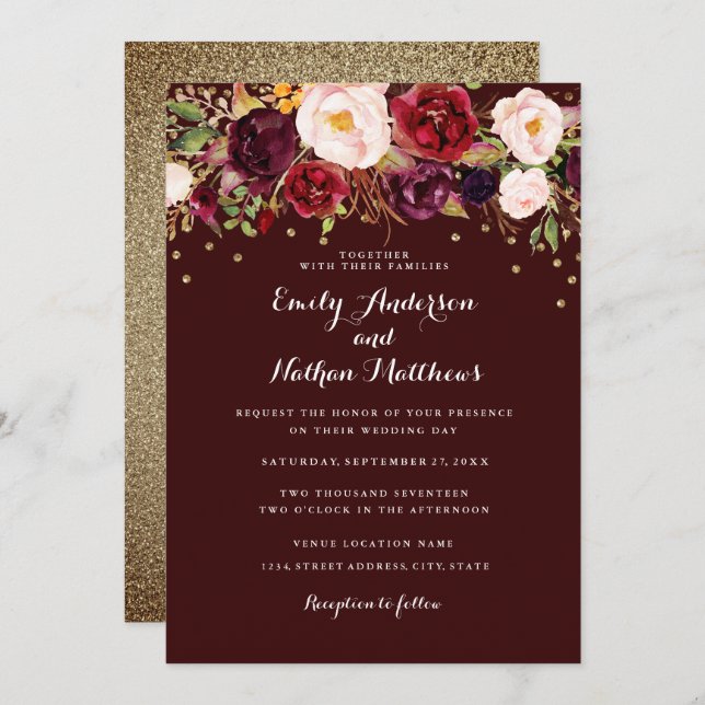Gold Confetti Burgundy Floral Wedding Invitation (Front/Back)