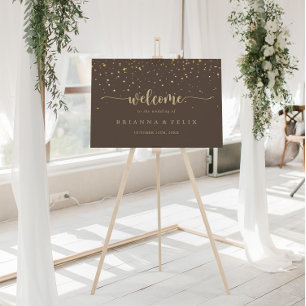 Gold Confetti Calligraphy Brown Wedding Welcome Poster