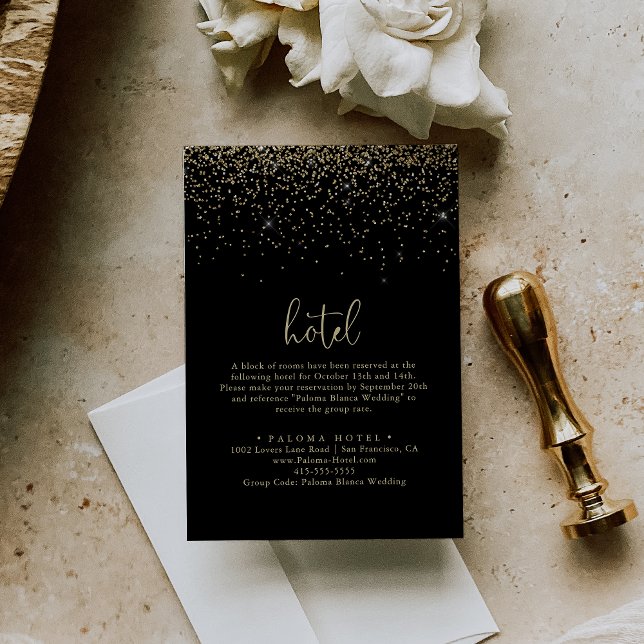Gold Confetti Calligraphy Fancy Script Hotel   Enclosure Card (Creator Uploaded)