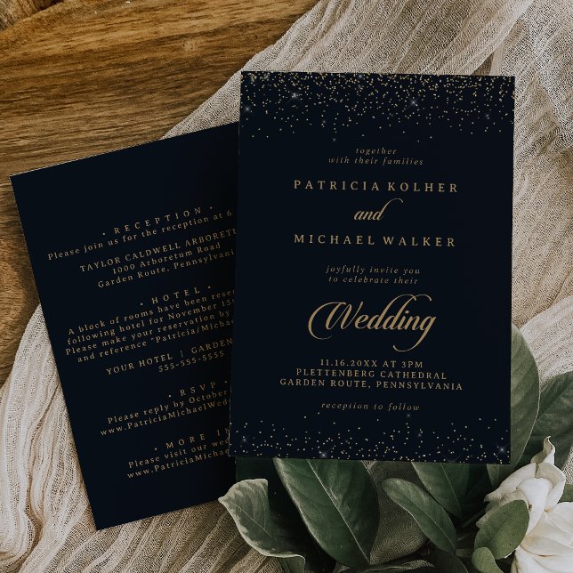 Gold Confetti Calligraphy Front and Back Wedding Invitation (Creator Uploaded)
