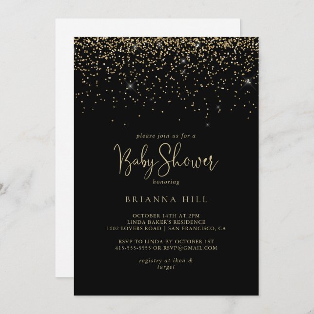 Gold Confetti Calligraphy Script Baby Shower  Invitation (Front/Back)