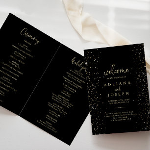 Gold Confetti Calligraphy Script Folded Wedding Program