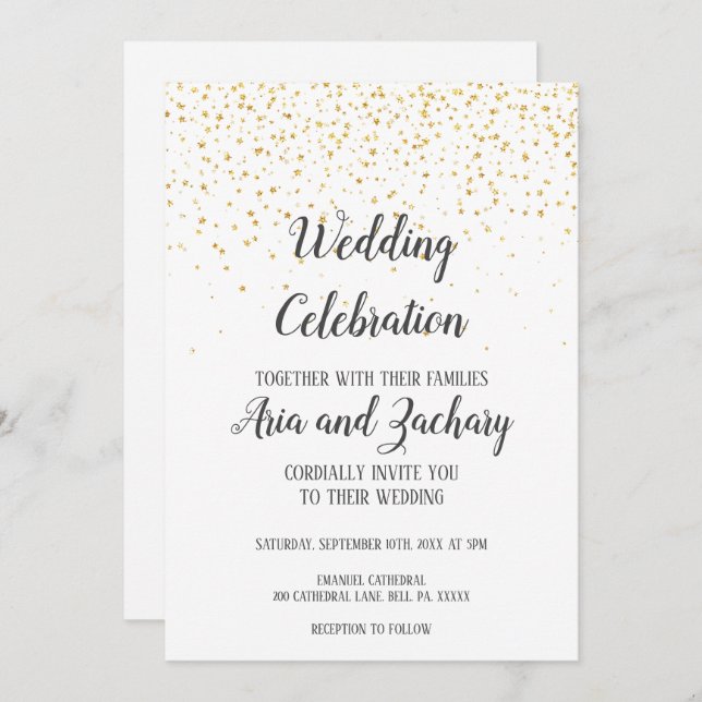 Gold Confetti Calligraphy Wedding Celebration  Invitation (Front/Back)