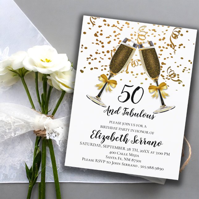 Gold Confetti Champagne Glasses 50th Birthday Invitation Postcard (Creator Uploaded)