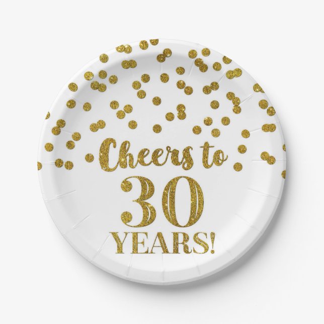 Gold Confetti Cheers to 30 Years Birthday Paper Plate (Front)