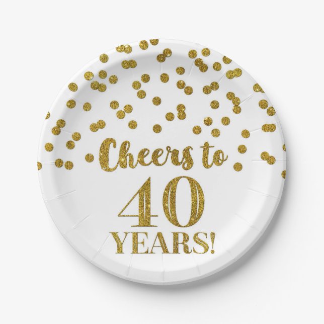 Gold Confetti Cheers to 40 Years Birthday Paper Plate (Front)