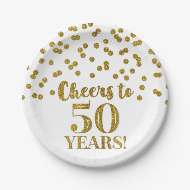 Gold Confetti Cheers to 50 Years Birthday Paper Plate (Front)