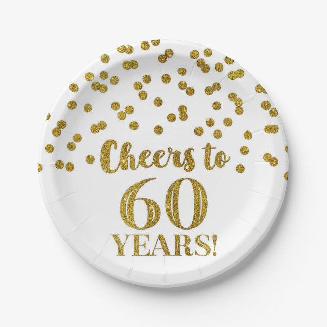 Gold Confetti Cheers to 60 Years Birthday Paper Plate (Front)