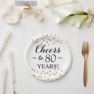 Gold Confetti Cheers to 80 Years Paper Plate