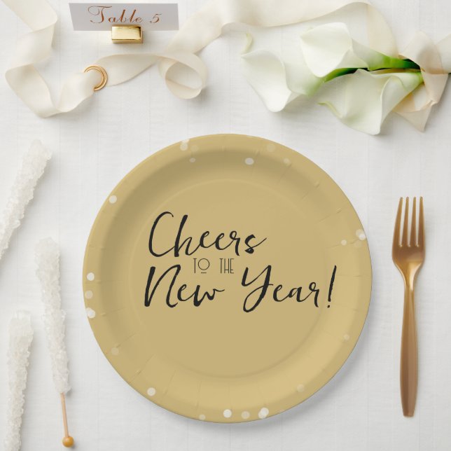 Gold Confetti Cheers to the New Year Paper Plate (Wedding)