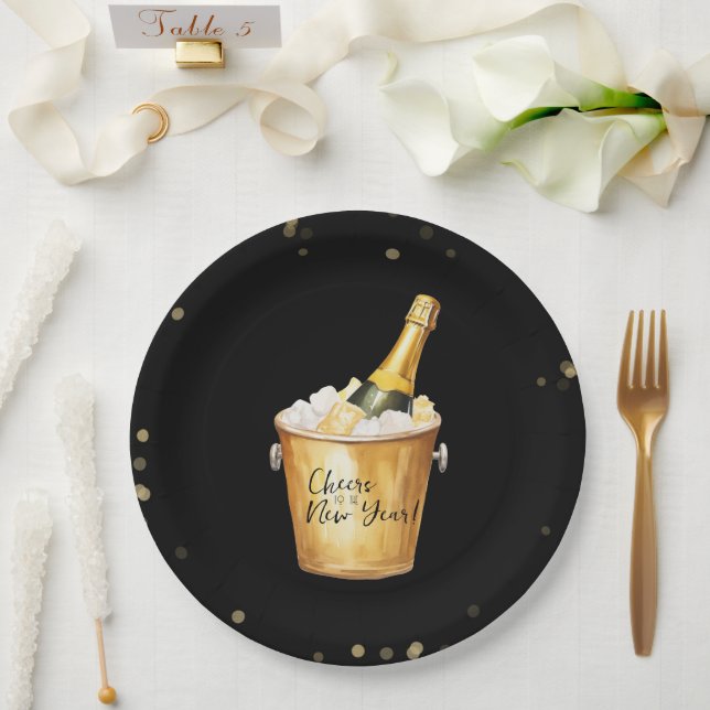 Gold Confetti Cheers to the New Year Paper Plate (Wedding)