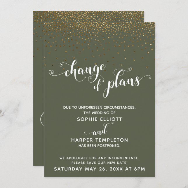 Gold Confetti & Chive Green Change of Plans Card (Front/Back)