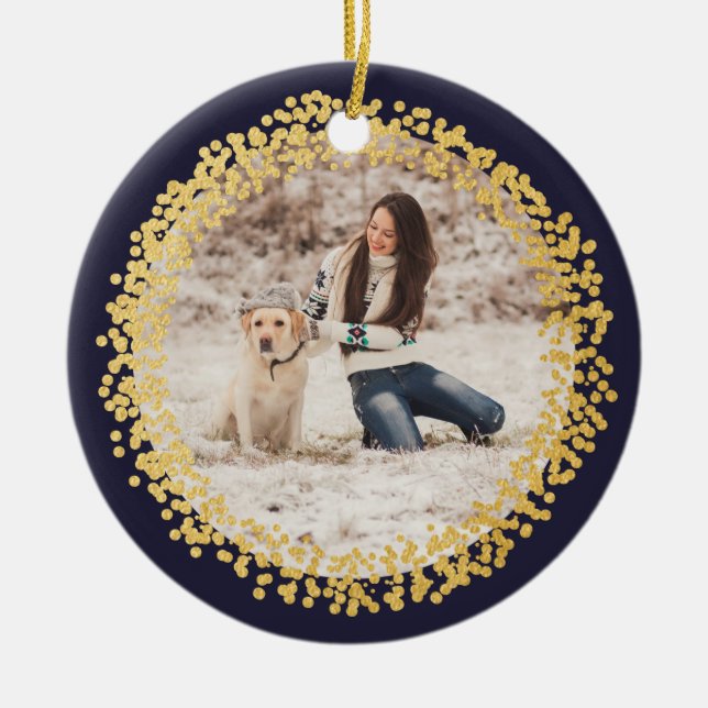 Gold confetti circle photo ornament faux foil (Front)
