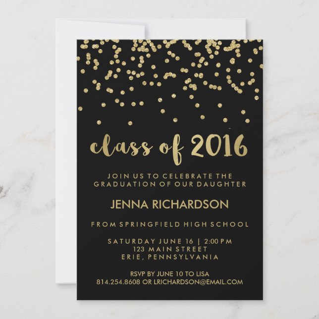 Gold Confetti Class of 2016 Graduation Party Black Invitation (Front)