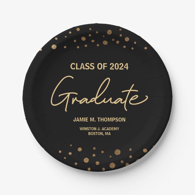 Gold Confetti Class of 2024 graduation Paper Plate (Front)