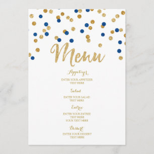 Gold Confetti Dark Blue Wedding Menu