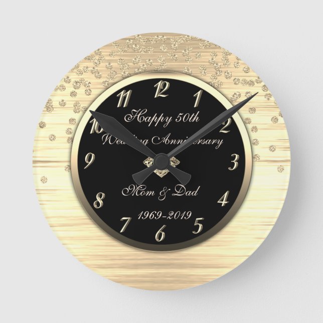 Gold Confetti Diamond  50th Wedding Anniversary Round Clock (Front)