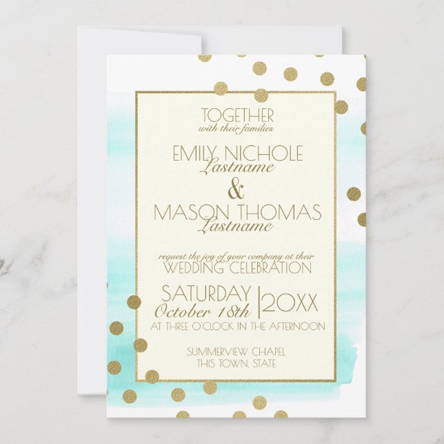 Gold Confetti Dots and Watercolor Wedding Invitation (Front)